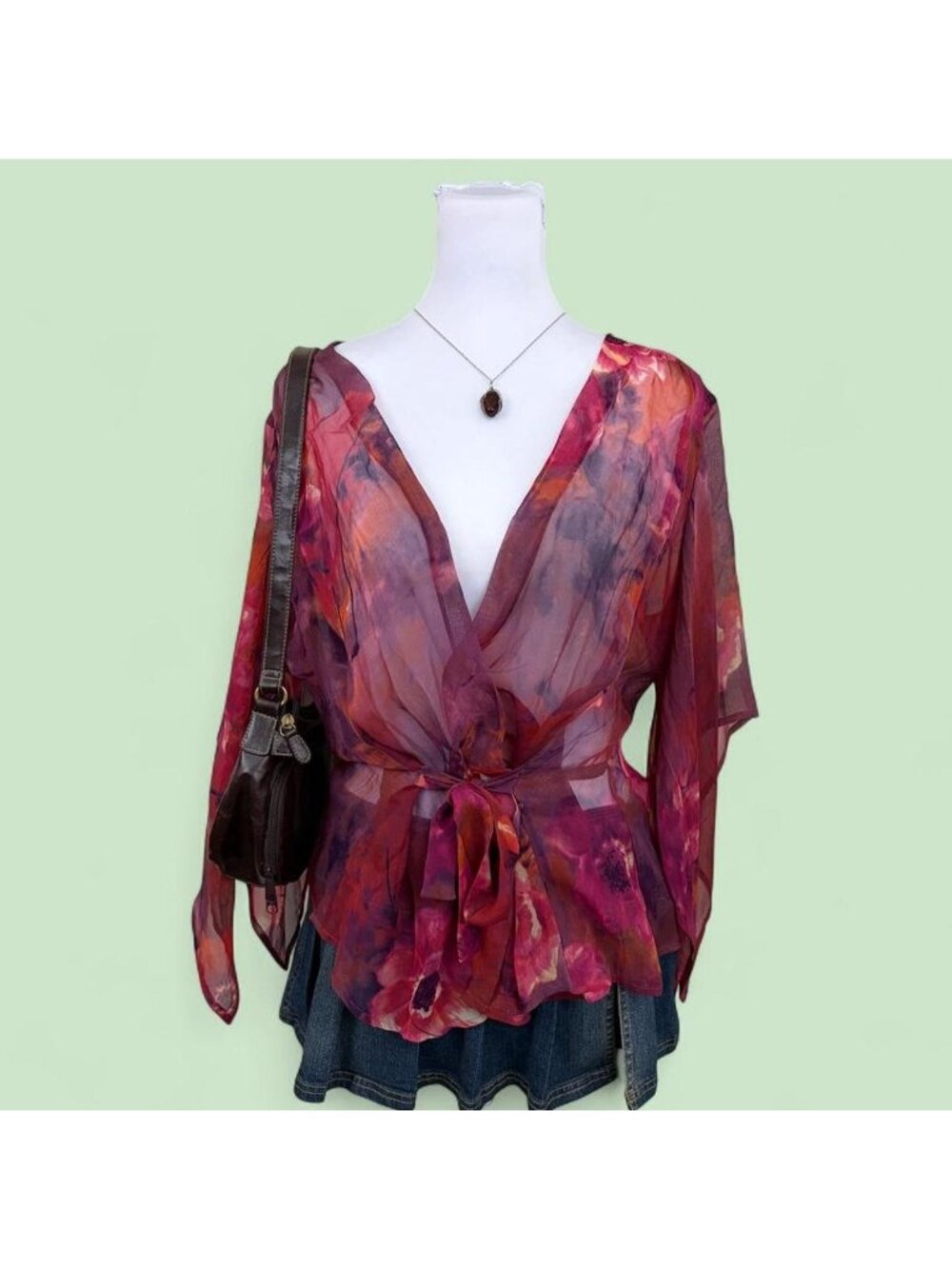 90s floral silk sheer boho wrap top